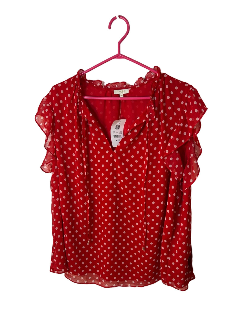 Laura Red Polka Dot Tie-Neck Ruffle Sleeve Sheer Blouse size 24 new